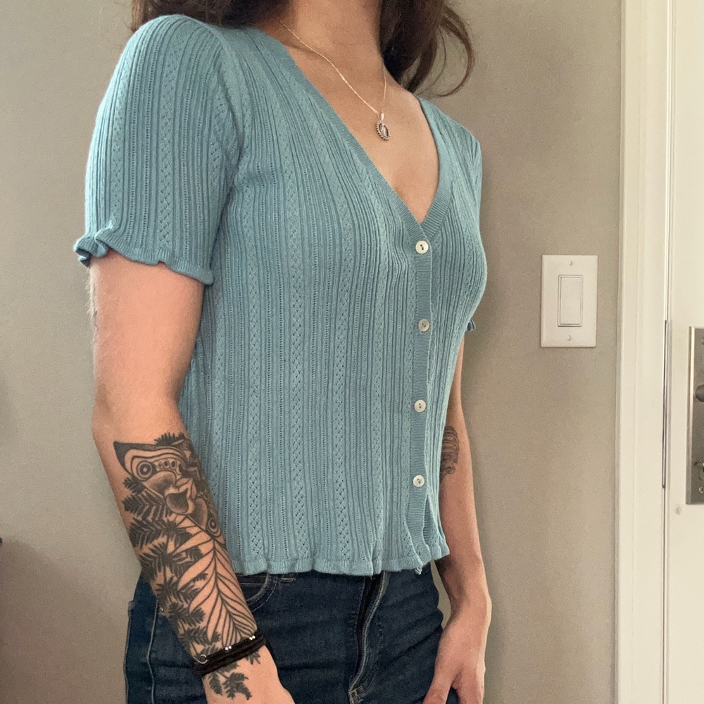 SFERRA Teal Button-Down V-Neck Top